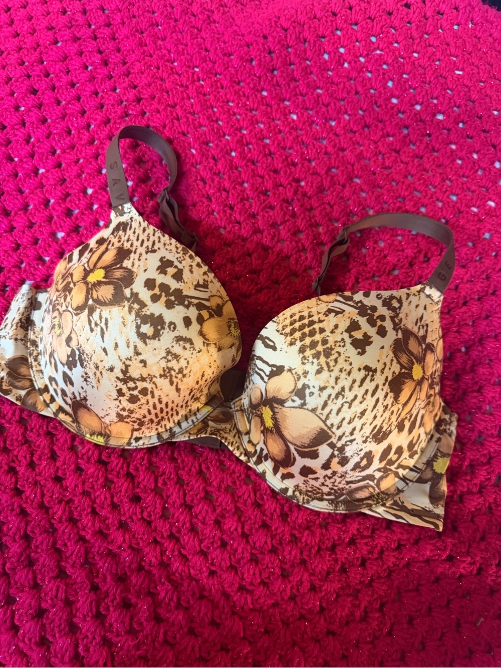 Savage X Fenty Beige and Brown Floral Animal-Print Push-Up Bra